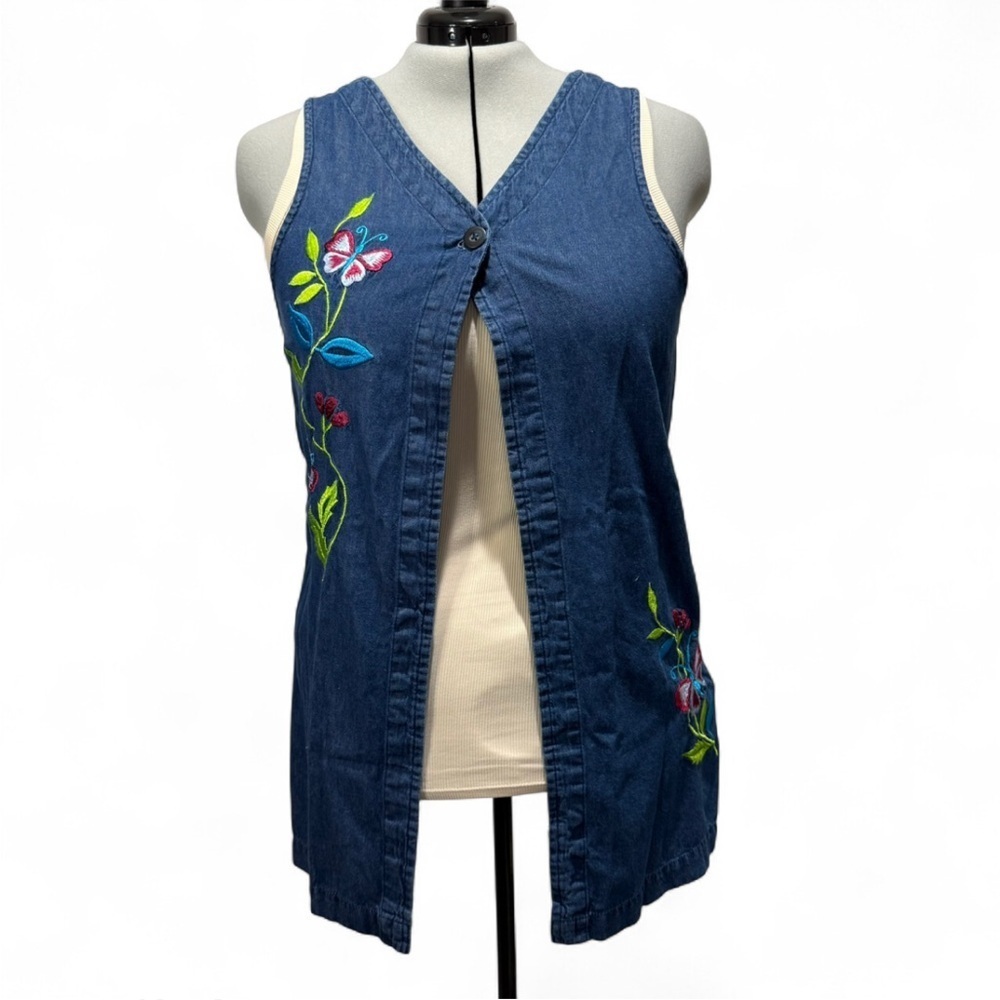 Vintage Blair Denim Tunic Top Floral Embroidered Butterflies 90s Art Teacher - Picture 3 of 12